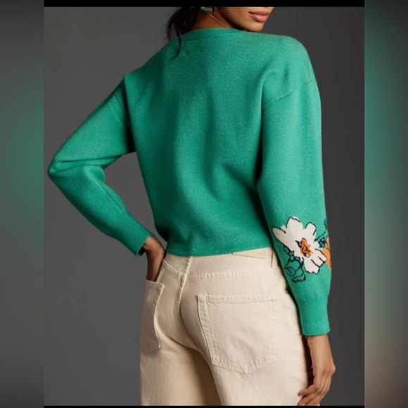 Anthropologie Maeve The Sonal Nathwani Camryn Cropped Crewneck Sweater Green - Picture 2 of 8